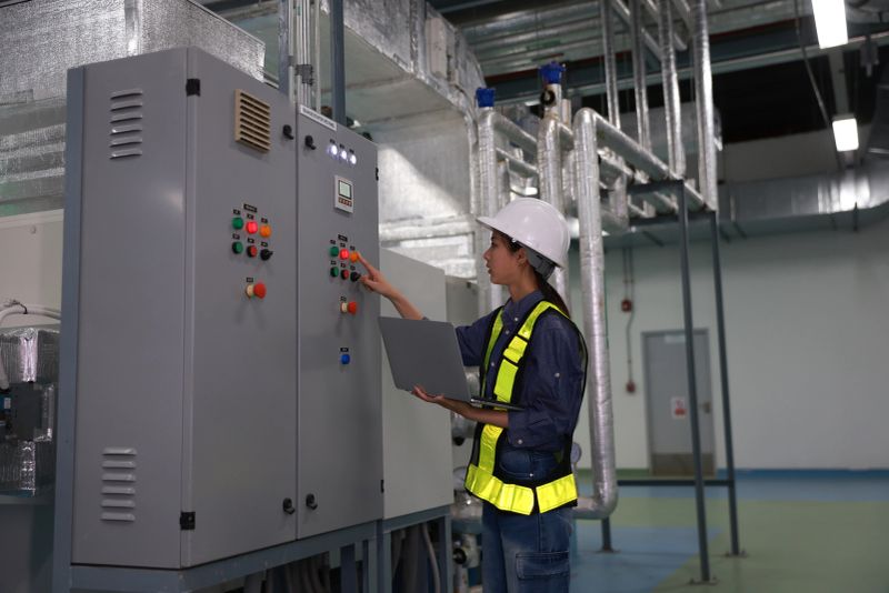 Engineer working at an industrial control panel