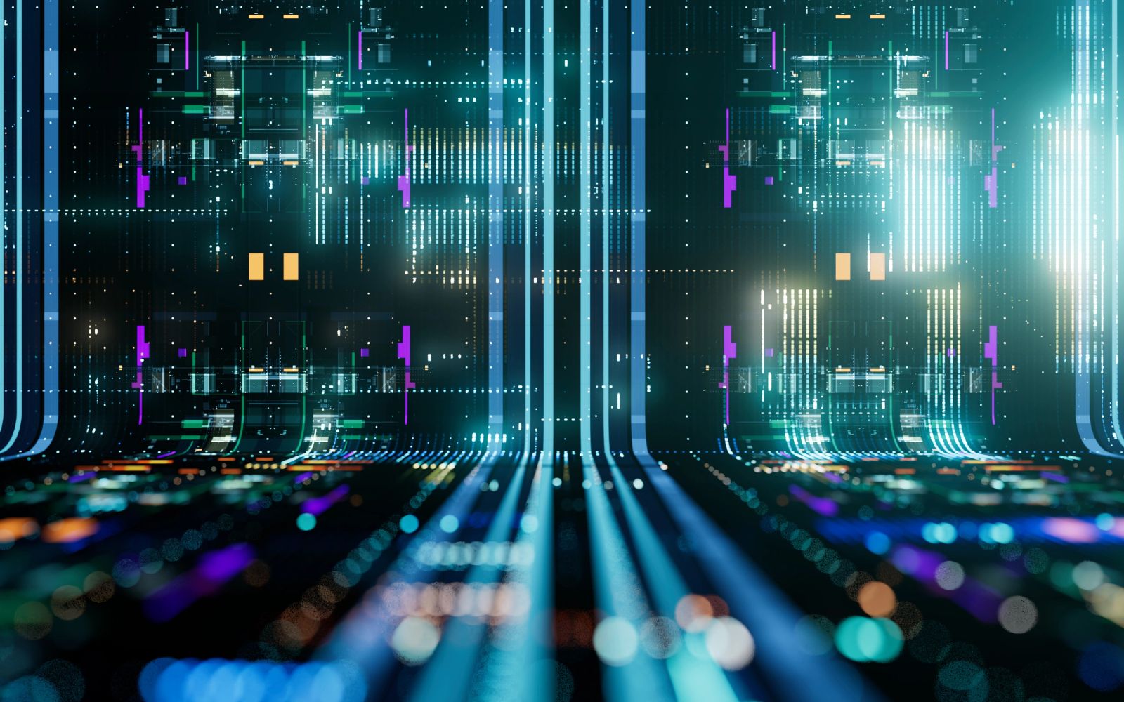 Glowing digital data streams representing industrial IoT connectivity
